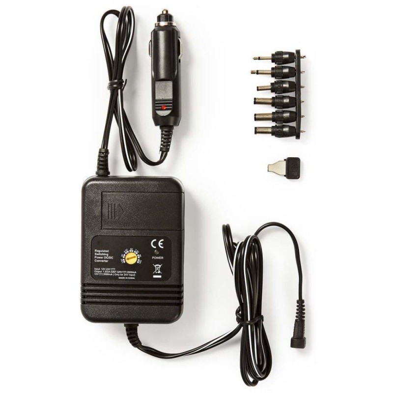 NEDIS univerzální DC/DC napájecí adaptér/ auto adaptér/ 24 W/ 1.5 / 3 / 4.5 / 6 / 7.5 / 9 / 12 V DC/ 24 V DC/ 2 A/ černý