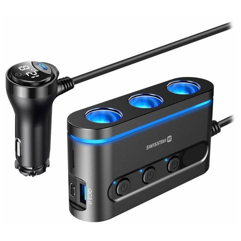 Swissten car adapter with 3x CL, 2x UCB-C PD and 1x USB-A QA 3.0 output, 108W - 216W