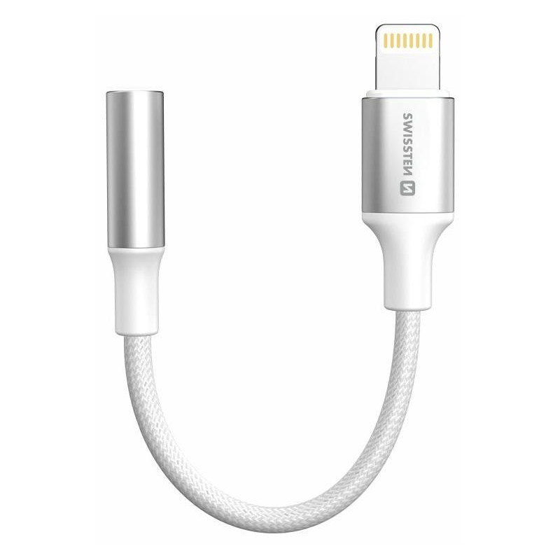Adapter audio Swissten - złącze tekstylne lightning (męskie) / 3,5 mm aux 0,15 m biały (zastępuje 73501212)