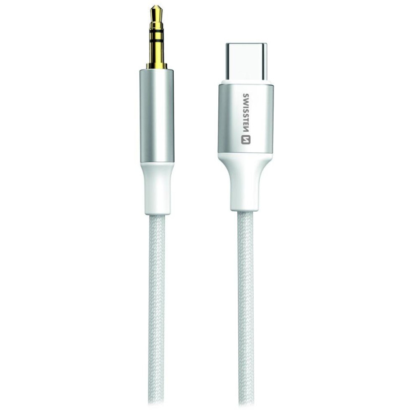 Swissten audio adaptértextile usb-c (samec) / 3,5 mm jack (samec) 1,5 m biely