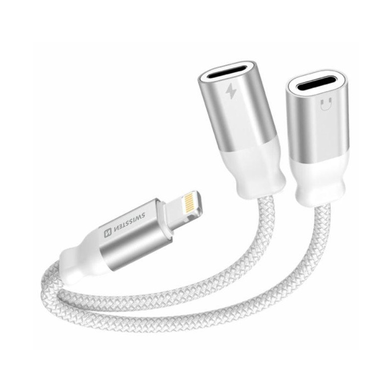 Swissten charging audio adaptertextile lightning (male) / 2x lightning (female) 0.12 m white