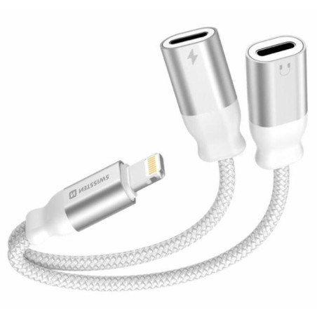 Swissten Lade-Audioadapter Textil Lightning (männlich) / 2x Lightning (weiblich) 0,12 m weiß