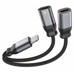 Swissten nabíjací audio adaptértextile lightning (samec) / 2x lightning (samica) 0,12 m čierny