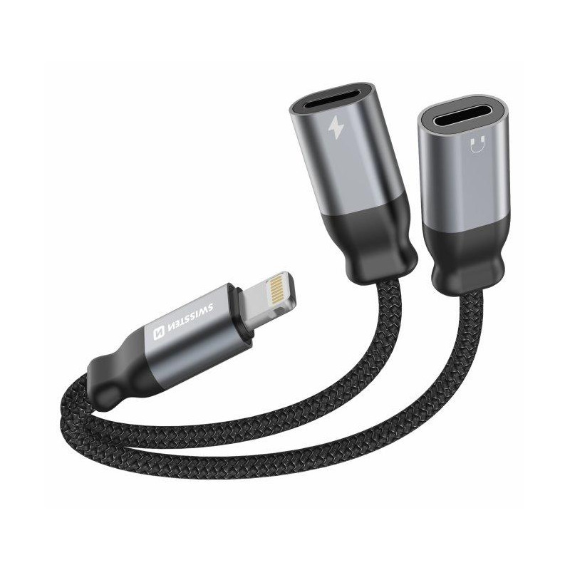 Swissten nabíjací audio adaptértextile lightning (samec) / 2x lightning (samica) 0,12 m čierny