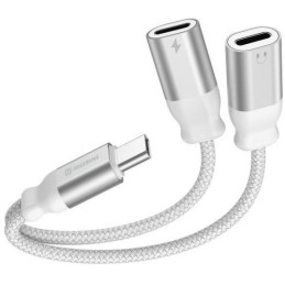 Swissten nabíjecí audio adaptértextile usb-c (samec) / 2x usb-c (samice) 0,12 m bílý