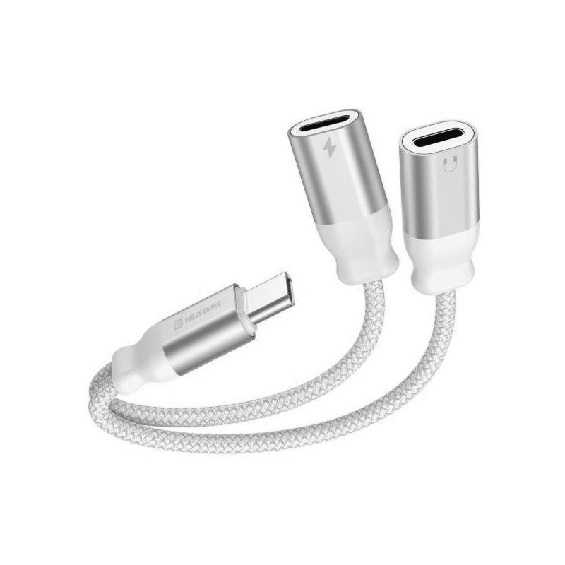 Swissten Lade-Audioadapter Textil USB-C (männlich) / 2x USB-C (weiblich) 0,12 m weiß