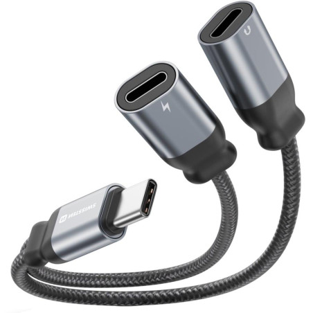 Swissten nabíjací audio adaptértextile usb-c (samec) / 2x usb-c (samica) 0,12 m čierny