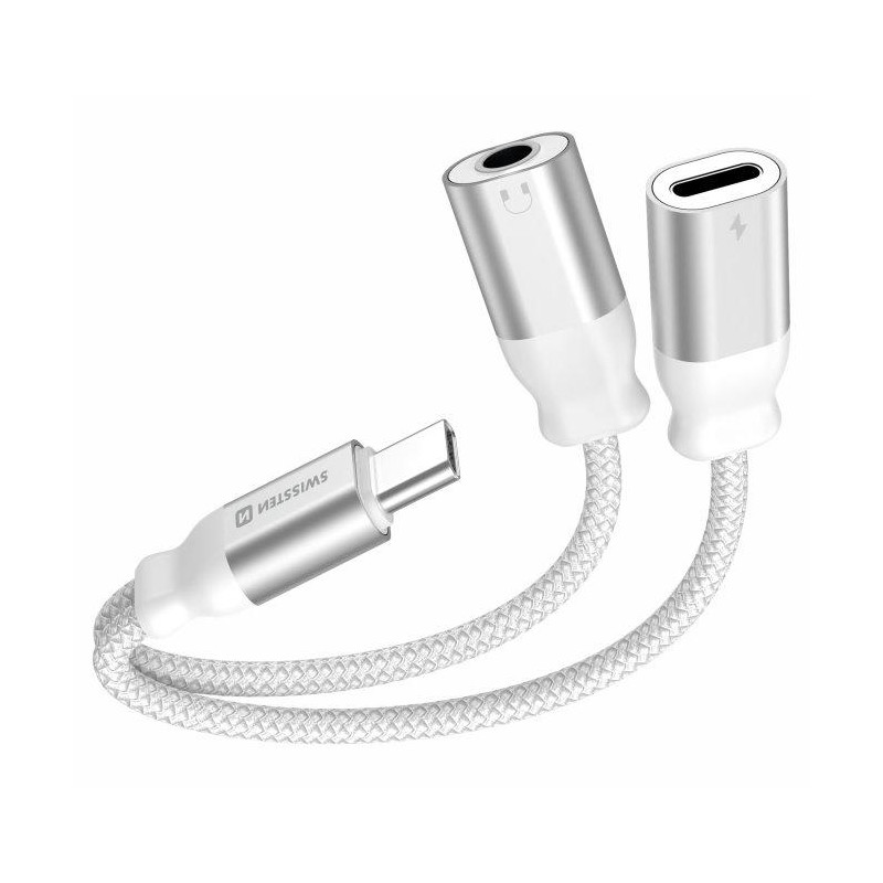 Swissten Lade-Audioadapter Textil USB-C (männlich) / USB-C (weiblich) und 3,5 mm AUX 0,12 m weiß