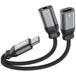Swissten Lade-Audioadapter Textil USB-C (männlich) / USB-C (weiblich) und 3,5 mm AUX 0,12 m schwarz