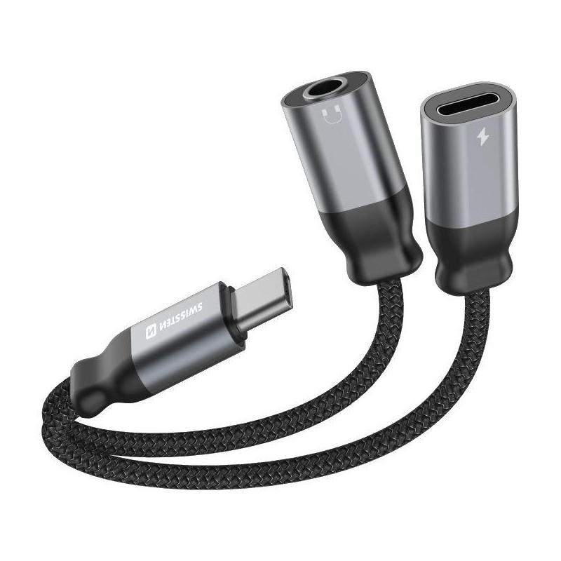Adapter audio Swissten do ładowania tekstylny USB-C (męski) / USB-C (żeński) i 3,5 mm AUX 0,12 m czarny
