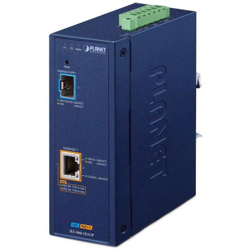Planet IXT-900-1X1UP Industriekonverter 1x 10G Base-T 802.3bt PoE++ / SFP+ 10G Base-X, IP40, -40~75°C, Dual Power