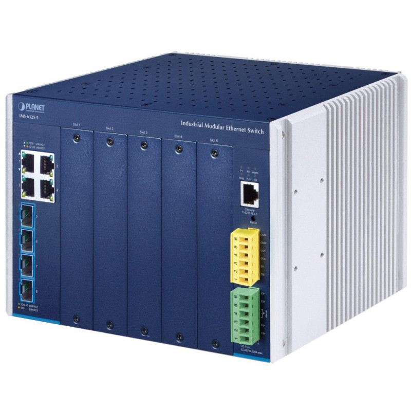 Planet IMS-6325-5 industrial L3 modular switch, 4x1G, 5 slots for additional IMS modules, IP30, -40~75°C, Dual 12~48VDC