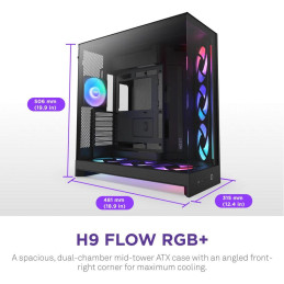 NZXT skříň H9 Flow RGB+ dvoukomorová ATX / 2x140 mm RGB fan / 1x120 RGB fan / prosklená / controller / černá