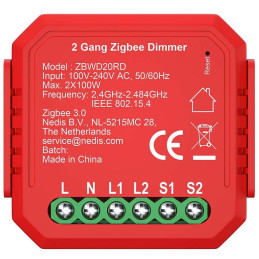 NEDIS šikovný duálny spínač osvetlenia/ 2x 100W/ pripojenie terminálu/ Zigbee 3.0/ Android/ iOS/ Nedis® SmartLife/ červený