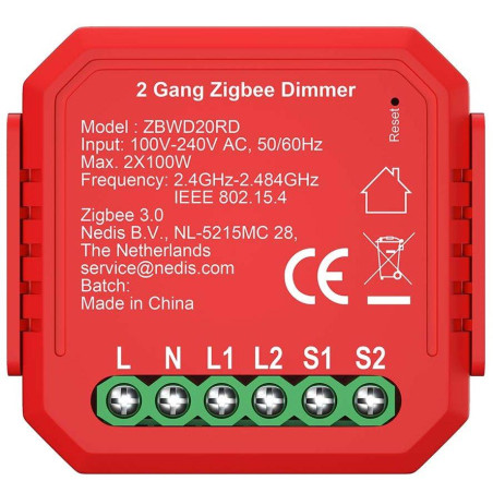 NEDIS chytrý duální spínač osvětlení/ 2x 100W/ připojení terminálu/ Zigbee 3.0/ Android/ iOS/ Nedis® SmartLife/ červený