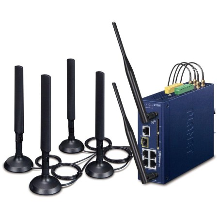 Planet dual 5G/LTE bezpečnostní brána, 2xWAN + 3xLAN/1xSFP, DI/DO, GPS, WiFi, DIN, IP30, -45/+75°C, dual 9-54VDC