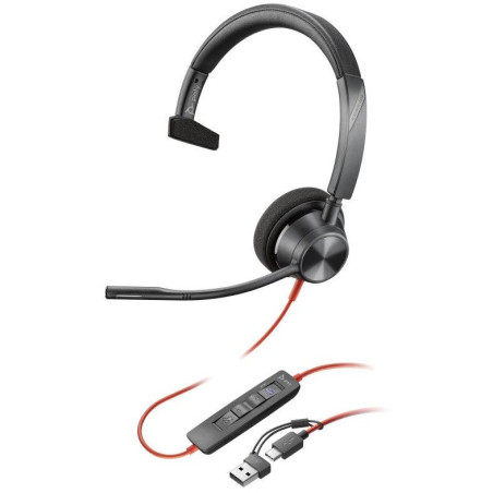 Poly Blackwire 3310 Monaurales Microsoft Teams-zertifiziertes USB-C-Headset + USB-C/A-Adapter