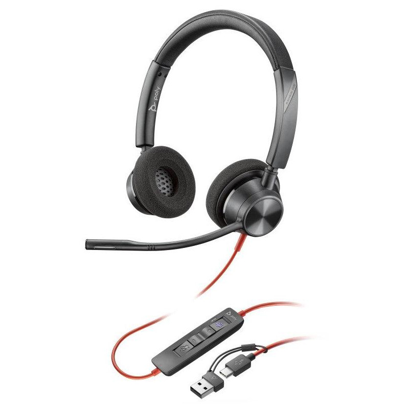 Zestaw słuchawkowy Poly Blackwire 3320 Stereo USB-C z certyfikatem Microsoft Teams + adapter USB-C/A