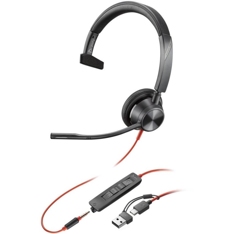 Poly Blackwire 3315 Mono-USB-C-Headset + 3,5-mm-Stecker + USB-C/A-Adapter
