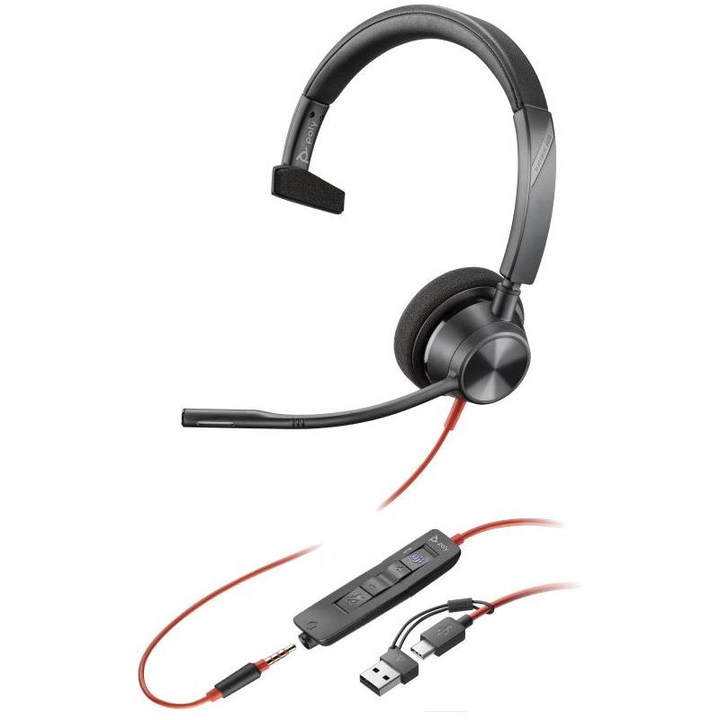 Poly Blackwire 3315 Monaural Microsoft Teams Certified USB-C Headset +3.5mm Plug +USB-C/A Adapter