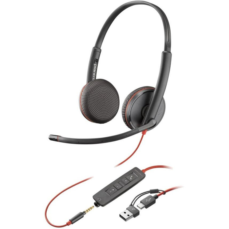Słuchawki stereo Poly Blackwire 3225 USB-C + wtyczka 3,5 mm + adapter USB-C/A