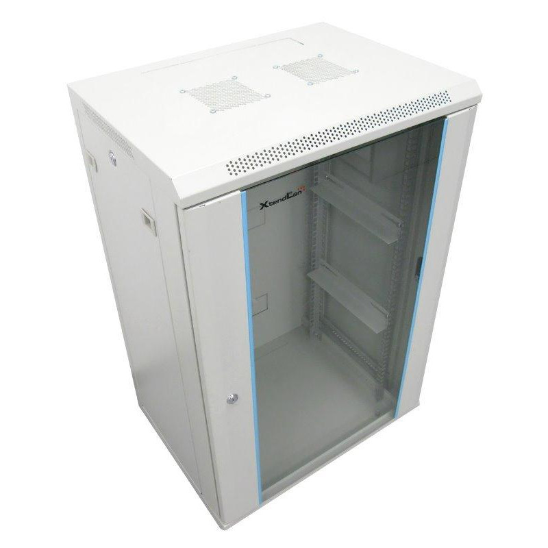 XtendLan 15U/600x600, Wandmontage, einteilig, aufgeklappt, Glastür, grau