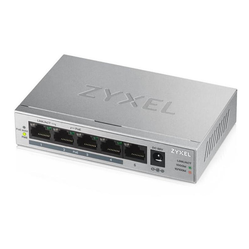Zyxel GS1005-HP, 5-portowy gigabitowy przełącznik PoE+, niezarządzany, 4 x PoE, 60 W