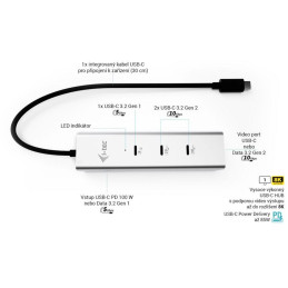 I-tec USB-C Charging Metal HUB 5port with USB-C video 8K, Power Delivery 85W