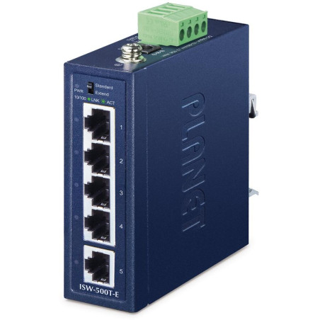 Planet ISW-500T-E kompaktní průmyslový switch, 5x 10/100Base-TX, ESD, DIN, 12-55VDC, IP40, -40~75°C, 250m Extended