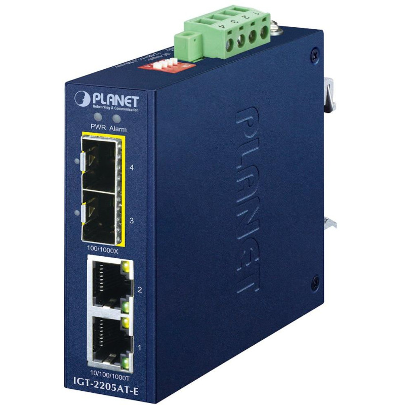 Planet IGT-2205AT-E průmyslový kompaktní konvertor 2x1GBASE-T to 2x1GBASE-X SFP, IP40, -40~75°C, 12-58VDC
