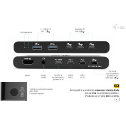 I-tec KVM dokovací stanice pro dva hostitele, 4K HDMI, 3x USB-C, 2x USB-A, Power Delivery 2x 100W