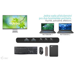 I-tec KVM dokovací stanice pro dva hostitele, 4K HDMI, 3x USB-C, 2x USB-A, Power Delivery 2x 100W