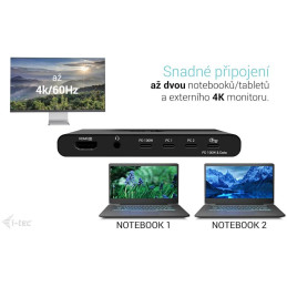 I-tec KVM dokovací stanice pro dva hostitele, 4K HDMI, 3x USB-C, 2x USB-A, Power Delivery 2x 100W