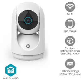 NEDIS IP kamera/ vnitřní/ Wi-Fi/ 3Mpix/ 1296p/ náklon/ Onvif/ detekce pohybu/ noční vidění 10m/ bílá
