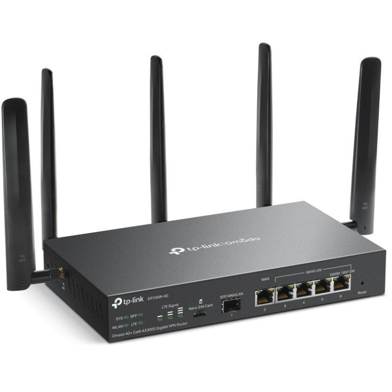 TP-Link ER706W-4G Omada VPN Router, 1x Nano SIM slot (4G+ Cat6), WiFi 6 2402 Mbps  5GHz + 574 Mbps  2.4GHz, 1x SFP GWAN/