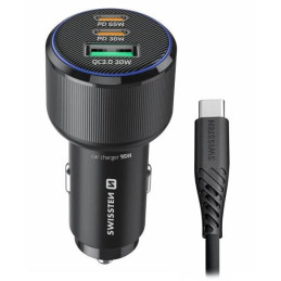 Swissten  Cl Adaptér 2X Usb-C Pd + Usb-A, 95W Černý + Kabel Usb-C / Usb-C, 1 M