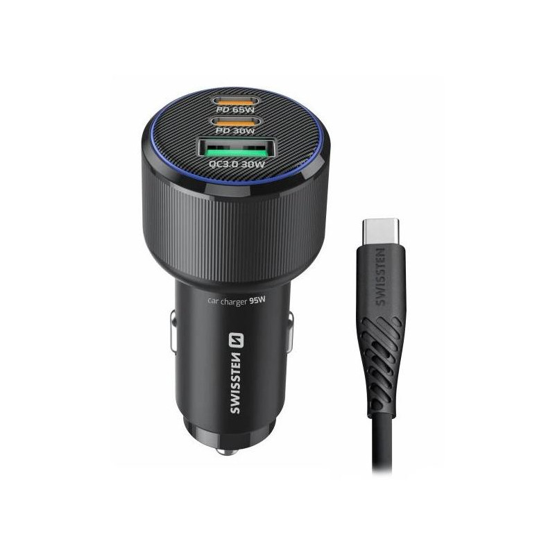 Swissten  Cl Adaptér 2X Usb-C Pd + Usb-A, 95W Černý + Kabel Usb-C / Usb-C, 1 M