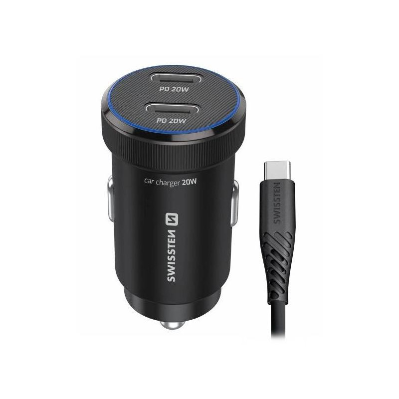 Swissten  Cl Adaptér 2X Usb-C Pd, 20W Černý + Kabel Usb-C / Usb-C, 1 M