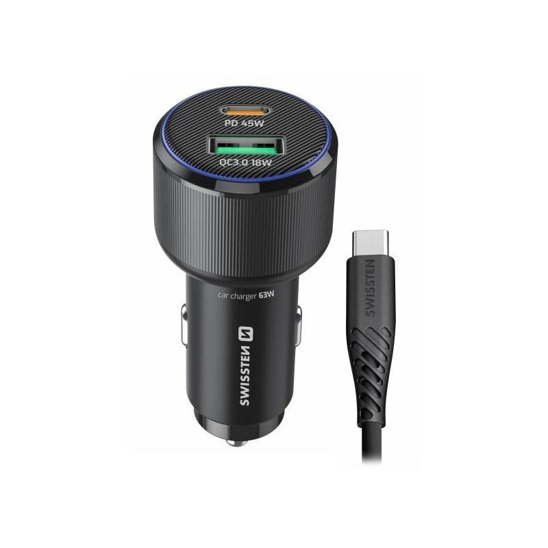 Swissten  Cl Adaptér Usb-C Pd + Usb-A, 63W Černý + Kabel Usb-C / Usb-C, 1 M