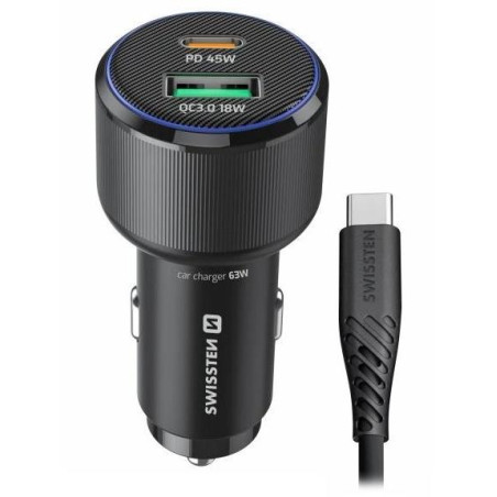 Swissten  Cl Adaptér Usb-C Pd + Usb-A, 63W Černý + Kabel Usb-C / Usb-C, 1 M