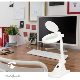 NEDIS zvětšovací stolní LED lampa/ čočka 3 + 12 dioptrií/ spotřeba 6 W/ teplota 6500 K/ světelný tok 400 lm/ bílá