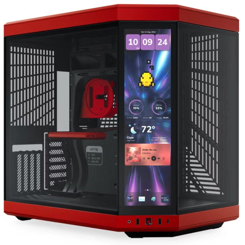 HYTE skříň Y70 Touch Infinite Black Cherry / 14,9" dotykový displej / levé a přední sklo / Riser PCIe 4.0 / bez zdroje /