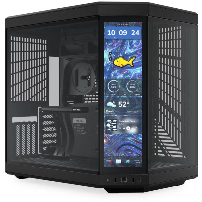 HYTE skříň Y70 Touch Infinite Pitch Black / 14,9" dotykový displej / levé a přední sklo / Riser PCIe 4.0 / bez zdroje /