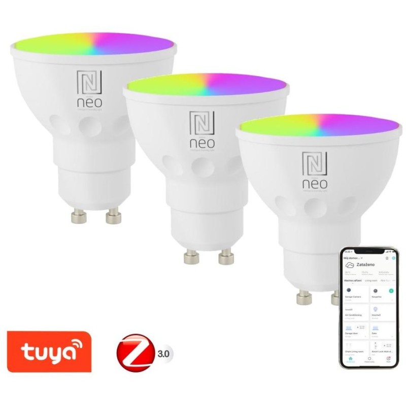 IMMAX NEO SMART sada 3x LED žárovka GU10 4,8W RGB+CCT barevná a bílá, stmívatelná, Zigbee, TUYA