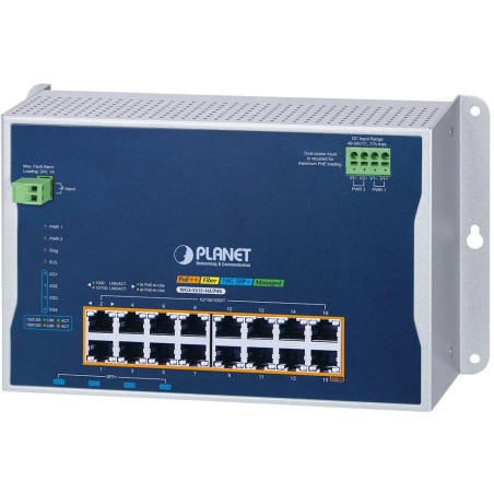 Planet WGS-5215-16UP4X plochý L2 switch, 16x1GbE 802.3bt 720W, 4x 10 Gbit SFP+, 48-54VDC, -40~75°C, IP30, fanless