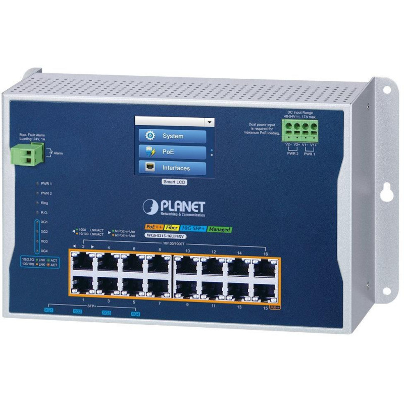 Planet WGS-5215-16UP4XV plochý L2 switch, 16x1GbE 802.3bt 720W, 4x 10 Gbit SFP+, 48-54VDC, -20~70°C, IP30, Displej