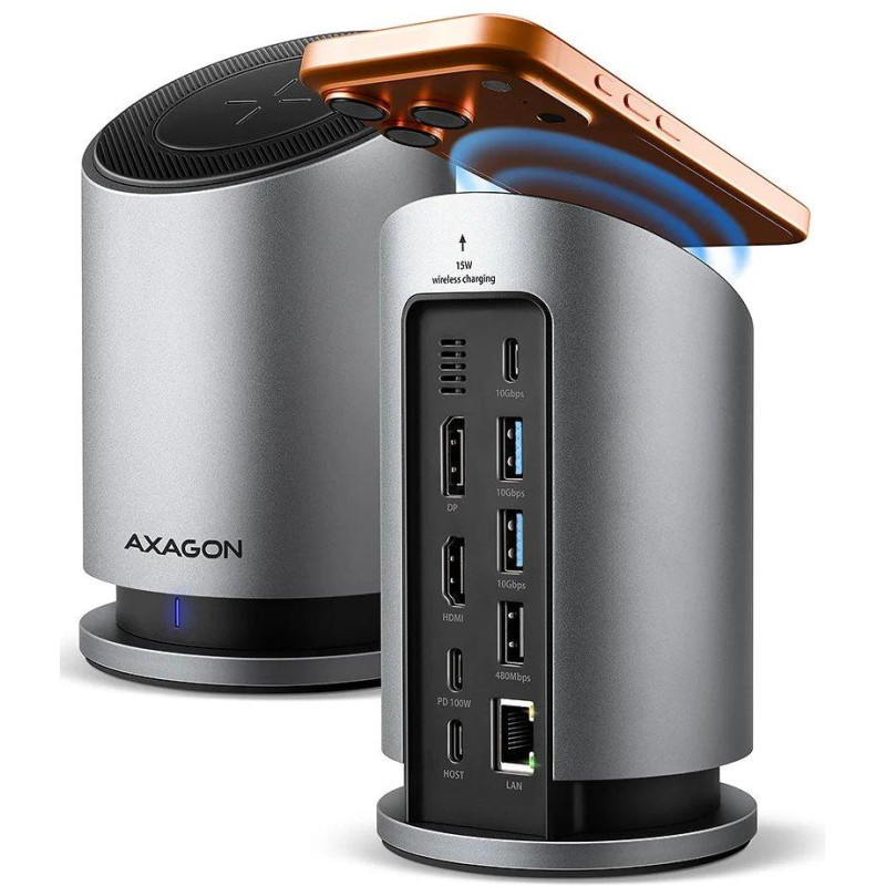 AXAGON multi USB-C hub 9in1 + 15W bezd. nabijeni / HMC-WL9 / 1x HDMI / 1x DP / PD100W / 1xUSB-C / 3x USB-A / kabel 60cm