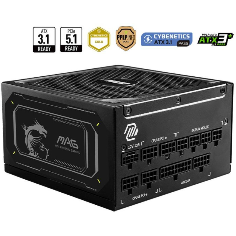 MSI zdroj MAG A1000GL PCIE5 II/ 1000W/ ATX3.1/ akt. PFC/ 7 let celk. záruka/ 135mm fan/ modulární kabeláž/ 80PLUS Gold