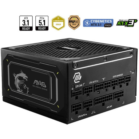 MSI zdroj MAG A1000GL PCIE5 II/ 1000W/ ATX3.1/ akt. PFC/ 7 let celk. záruka/ 135mm fan/ modulární kabeláž/ 80PLUS Gold