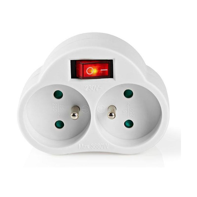 NEDIS síťový rozbočovač/ 2x zásuvka typu E (s kolíkem)/ 250 V AC 50/60 Hz/ 16 A/ 3500 W/ vypínač/ bílý